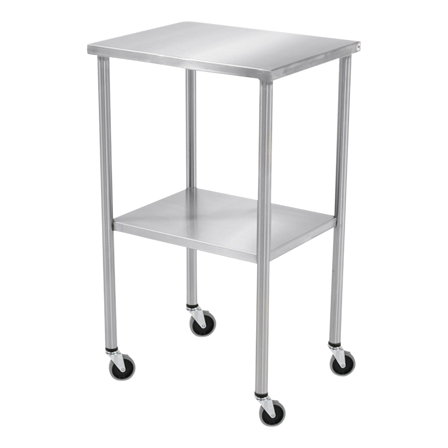 Blickman Howard Instrument Table with a rectangular stainless steel top, a middle shelf, and four caster wheels for mobility.