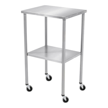 Blickman Howard Instrument Table with a rectangular stainless steel top, a middle shelf, and four caster wheels for mobility.