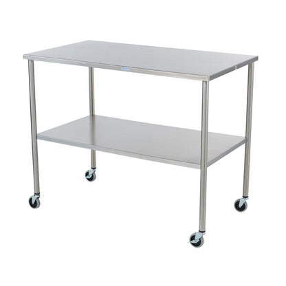 Blickman Howard Instrument Table, a stainless steel table with two shelves and four caster wheels for mobility.