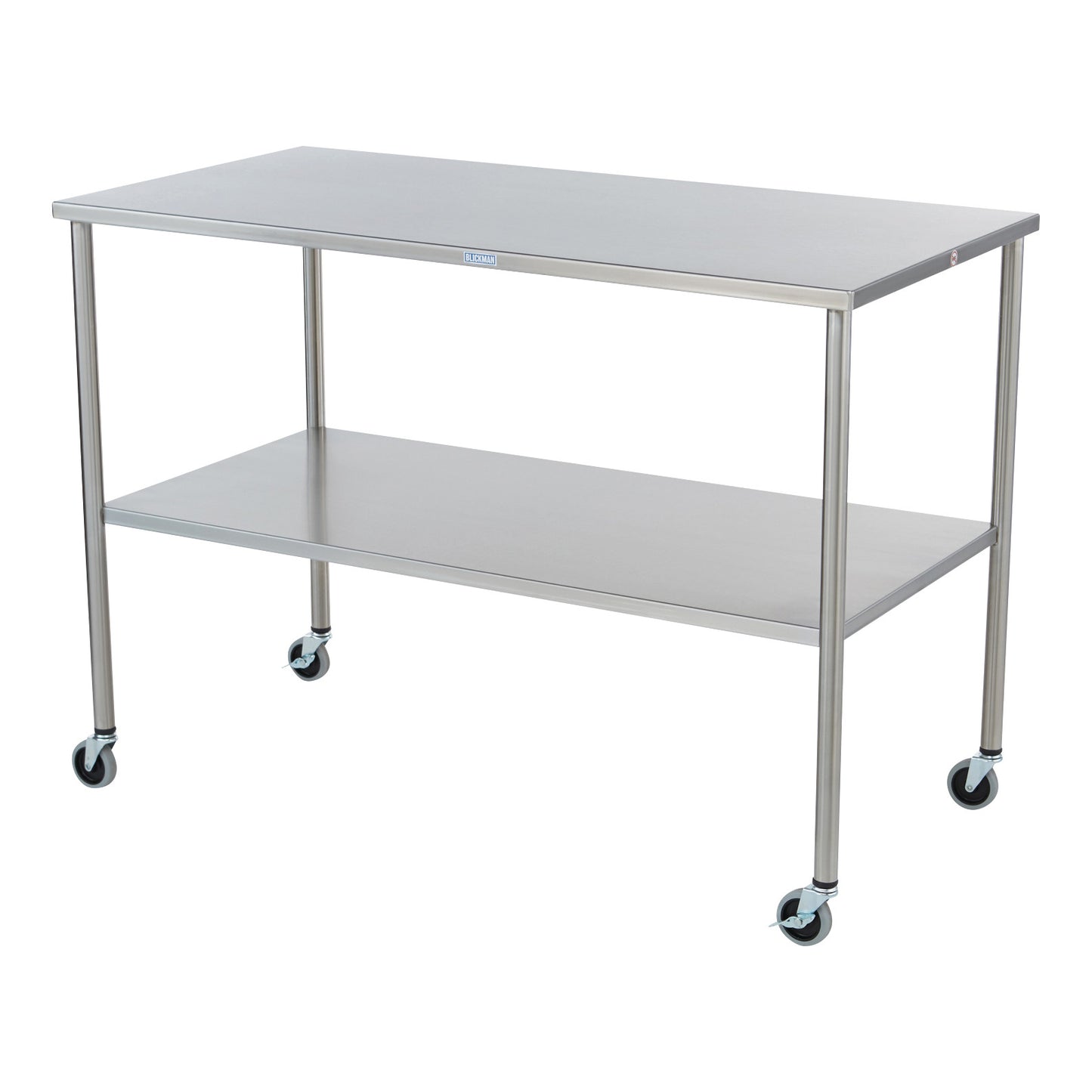 Blickman Howard Instrument Table with two shelves and four caster wheels, designed for medical or laboratory use.