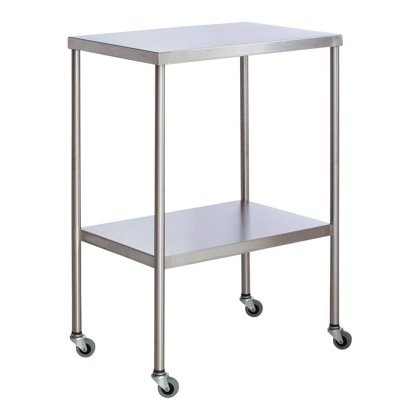 UMF Instrument Table with Shelf: A stainless steel table on four caster wheels with a top surface and lower shelf for storage.