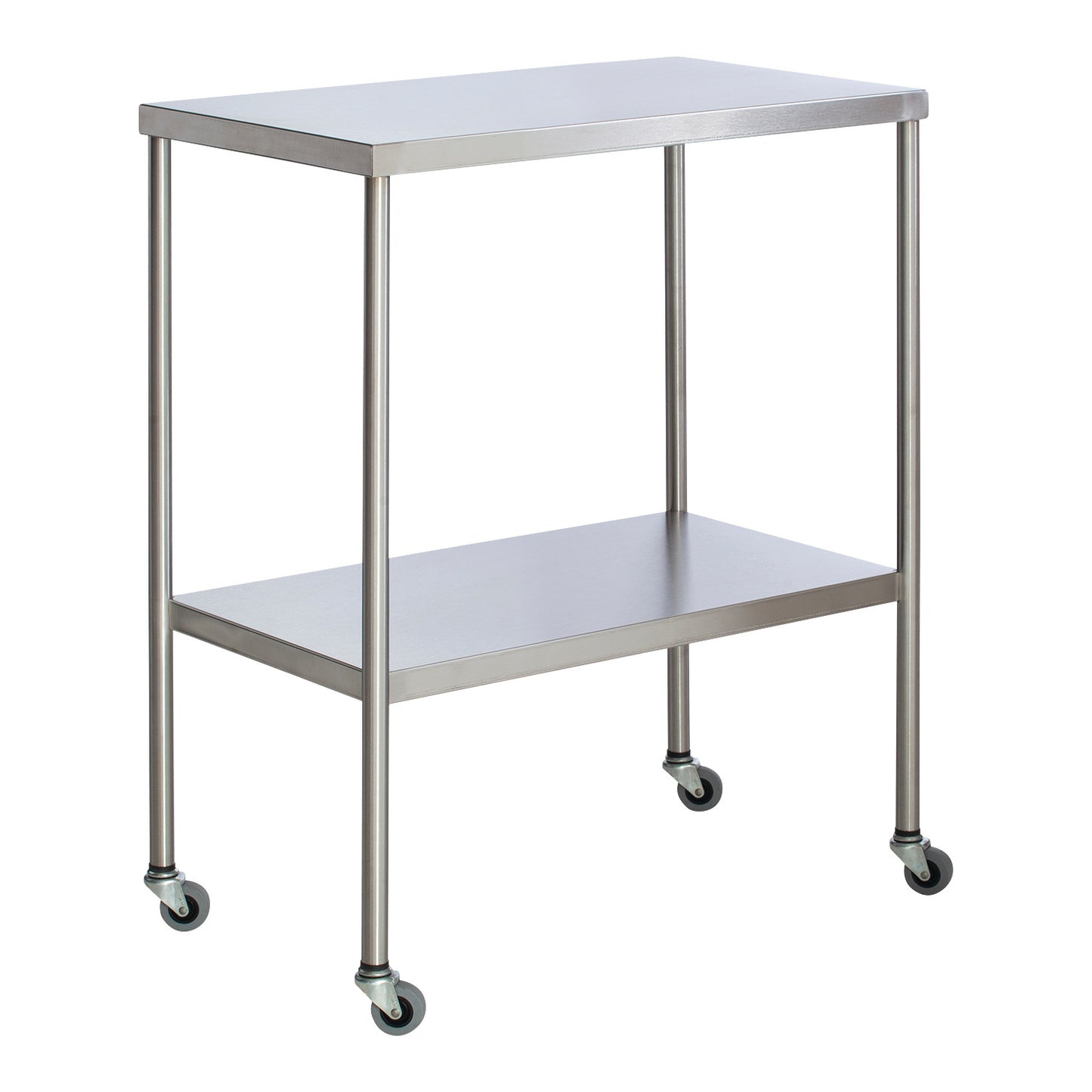 The UMF Instrument Table with Shelf is a stainless steel table on wheels, featuring a top surface and a lower shelf for storage.