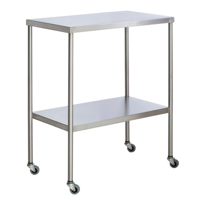The UMF Instrument Table with Shelf is a stainless steel table on wheels, featuring a top surface and a lower shelf for storage.