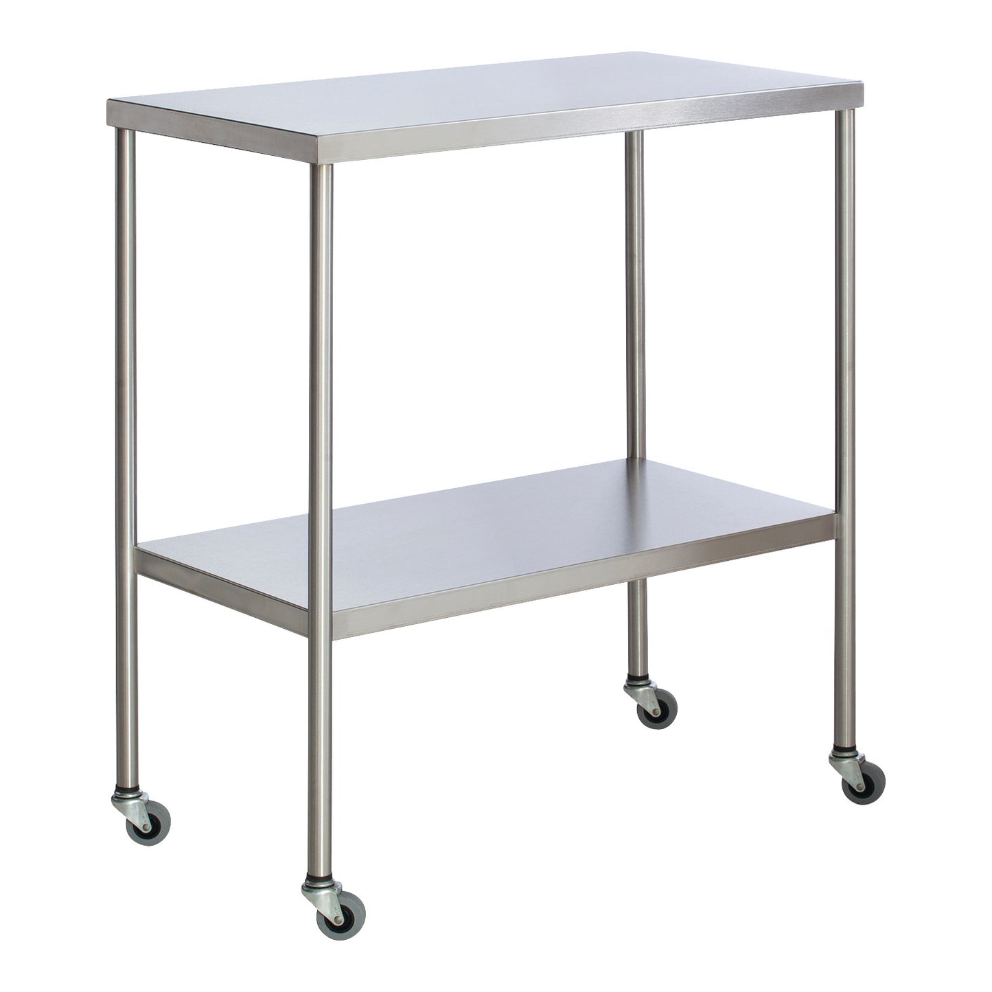 The UMF Instrument Table with Shelf is a stainless steel table on wheels, featuring a flat top and a lower shelf for storage.