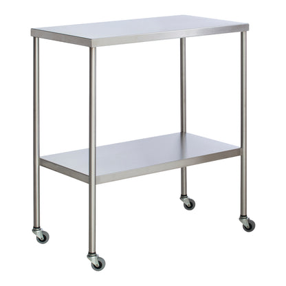 The UMF Instrument Table with Shelf is a stainless steel table on wheels, featuring a flat top and a lower shelf for storage.