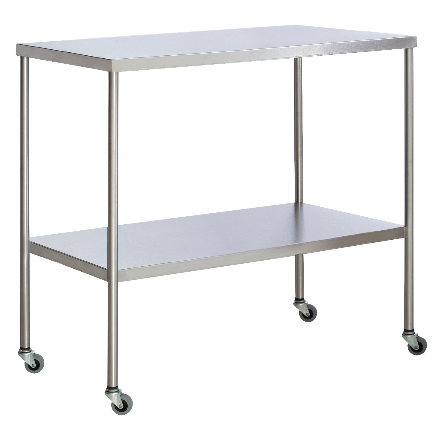 UMF Instrument Table with Shelf, featuring a sleek metallic design, two levels, and wheels for mobility.