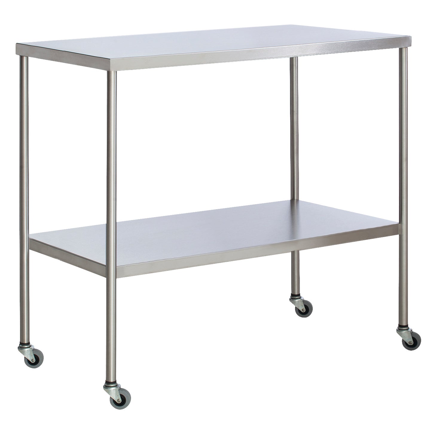 UMF Instrument Table with Shelf, featuring a sleek metallic design, two levels, and wheels for mobility.