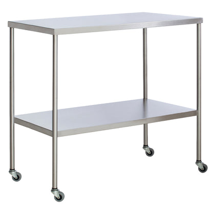 UMF Instrument Table with Shelf, featuring a sleek metallic design, two levels, and wheels for mobility.