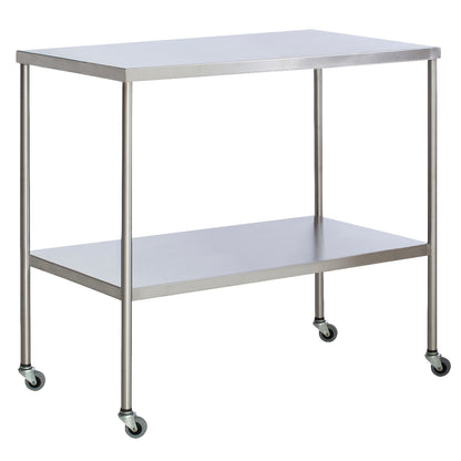 UMF Instrument Table with Shelf, featuring a stainless steel top and lower shelf, supported by four wheels for mobility.