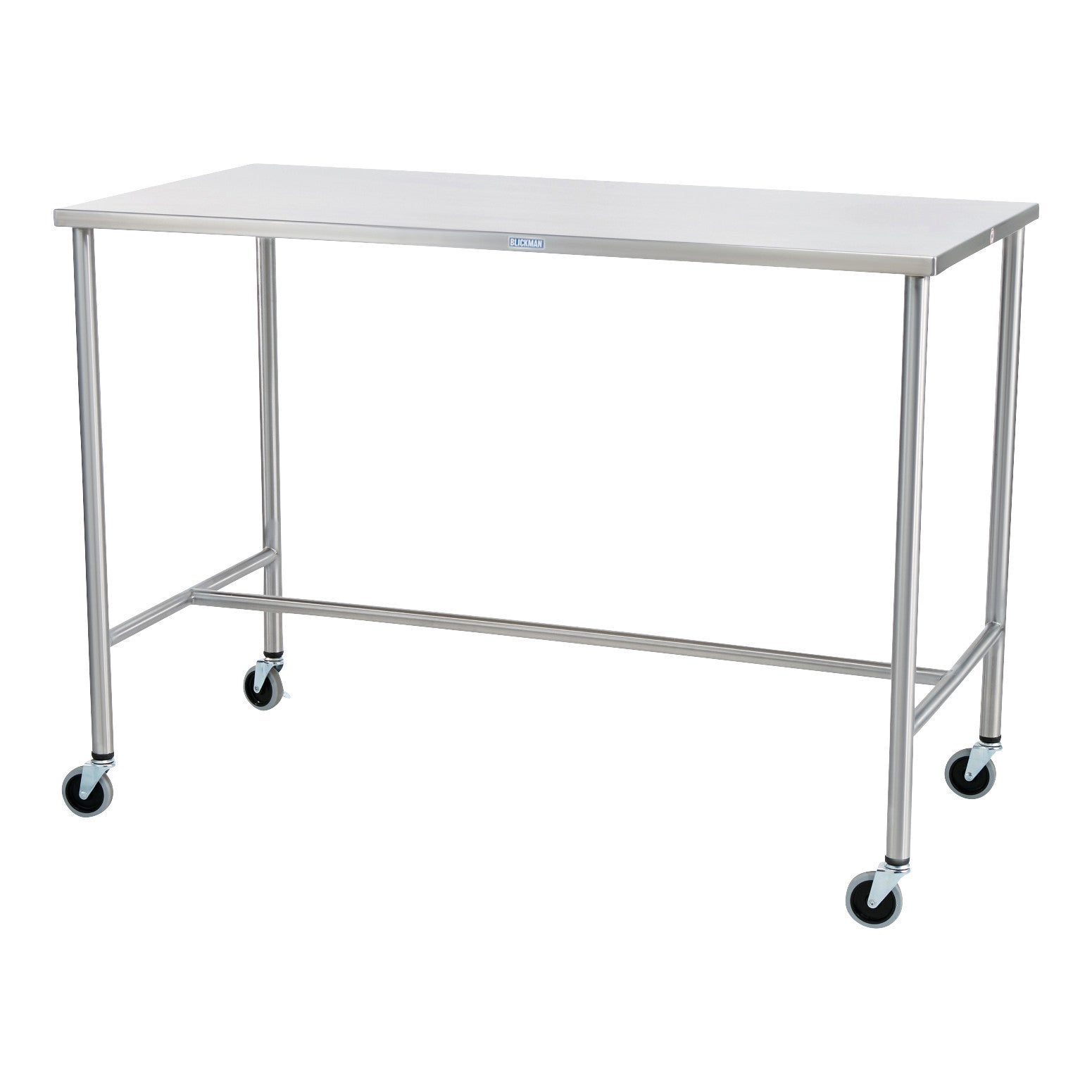 A Blickman Sawyer Instrument Table with a stainless steel surface and four caster wheels is displayed against a plain background.