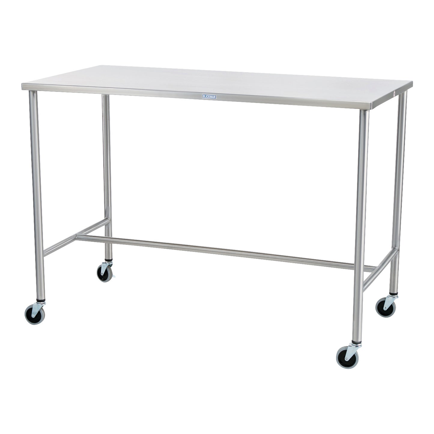 A Blickman Sawyer Instrument Table with a stainless steel surface and four caster wheels is displayed against a plain background.