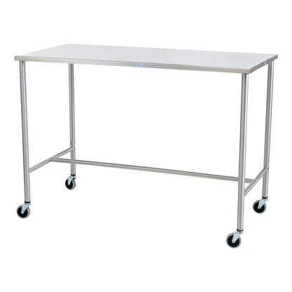 A Blickman Sawyer Instrument Table with a stainless steel surface and four caster wheels is displayed against a plain background.