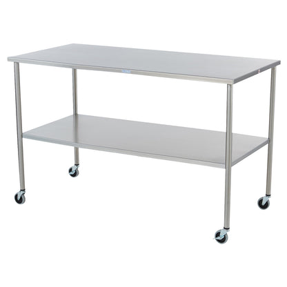 Blickman Howard Instrument Table, a stainless steel table with four wheels, features a lower shelf for storage and mobility.