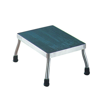 UMF Stainless Steel Step Stool with a black textured platform and four metal legs, each with a black rubber tip for stability.