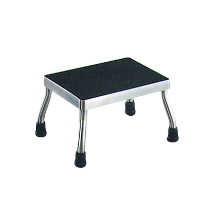UMF Stainless Steel Step Stool with black rubber top and curved legs featuring rubber feet for grip.