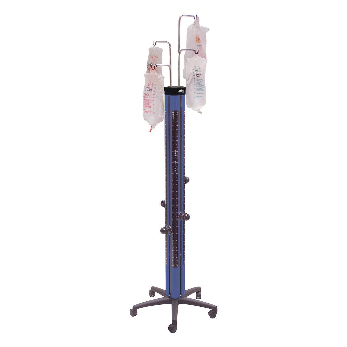 The Hillrom Easy Irrigation Tower is shown with fluid bags hanging from its metal arms on a wheeled base.