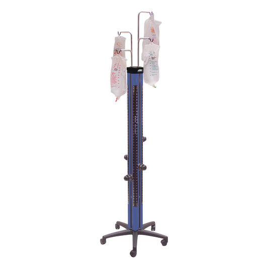 The Hillrom Easy Irrigation Tower is shown with fluid bags hanging from its metal arms on a wheeled base.