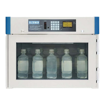Blickman Digital Warming Cabinet For Table/Cart with a front glass window displaying five transparent bottles with liquid.