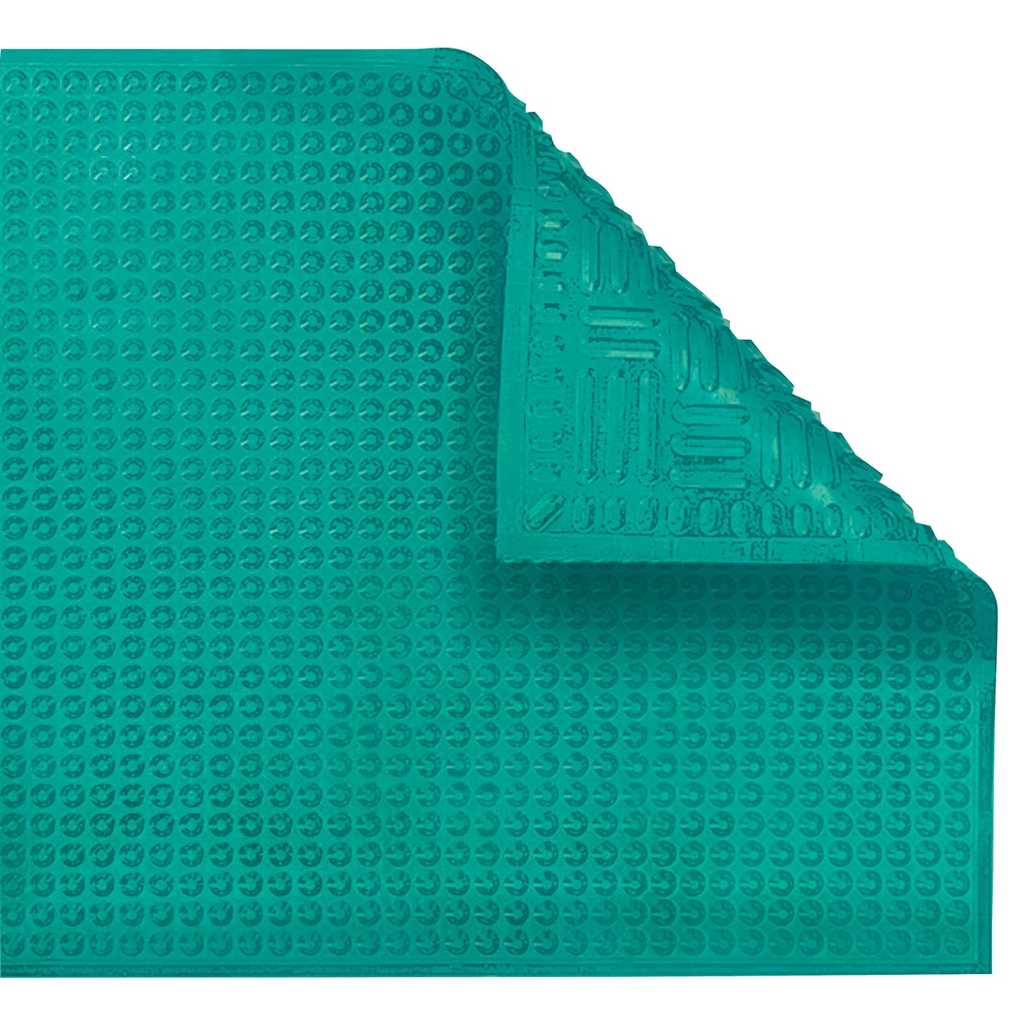 ERGOMAT Hygiene Nitrile Floor Mat in turquoise, featuring a textured surface with raised circular patterns and a corner partially folded.