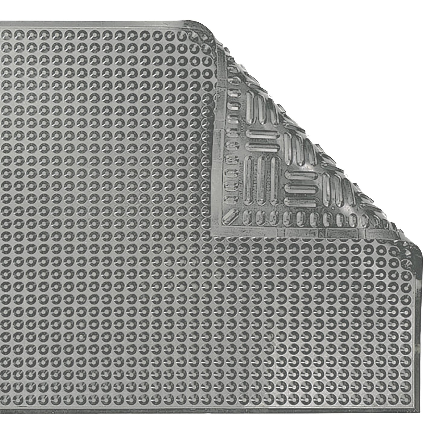 The ERGOMAT Hygiene Nitrile Floor Mat features a circular textured surface with a corner flipped to reveal a different pattern beneath.