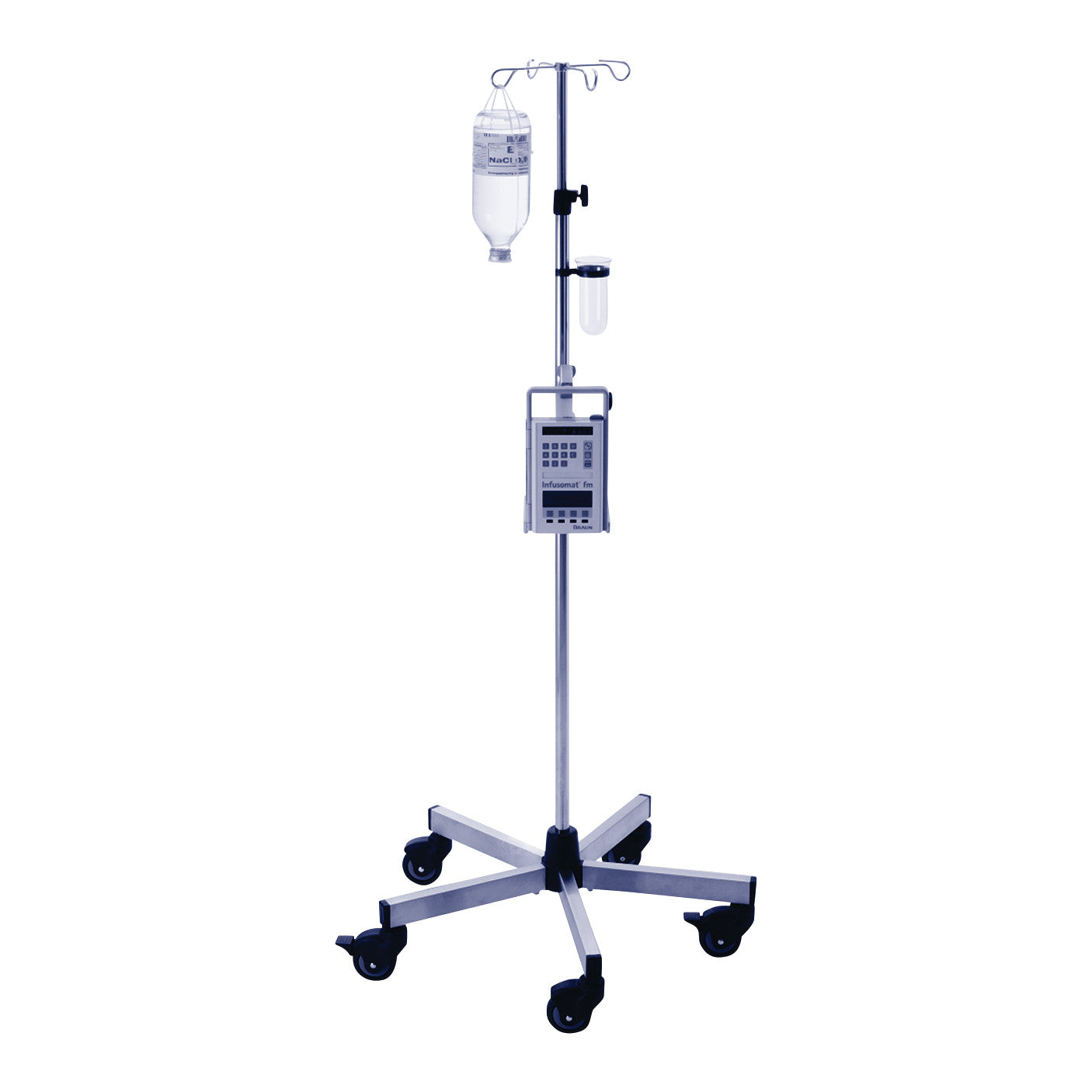 Provita Economy Five-Leg Infusion Stand with a drip bag, pump, and wheels for medical fluid administration.