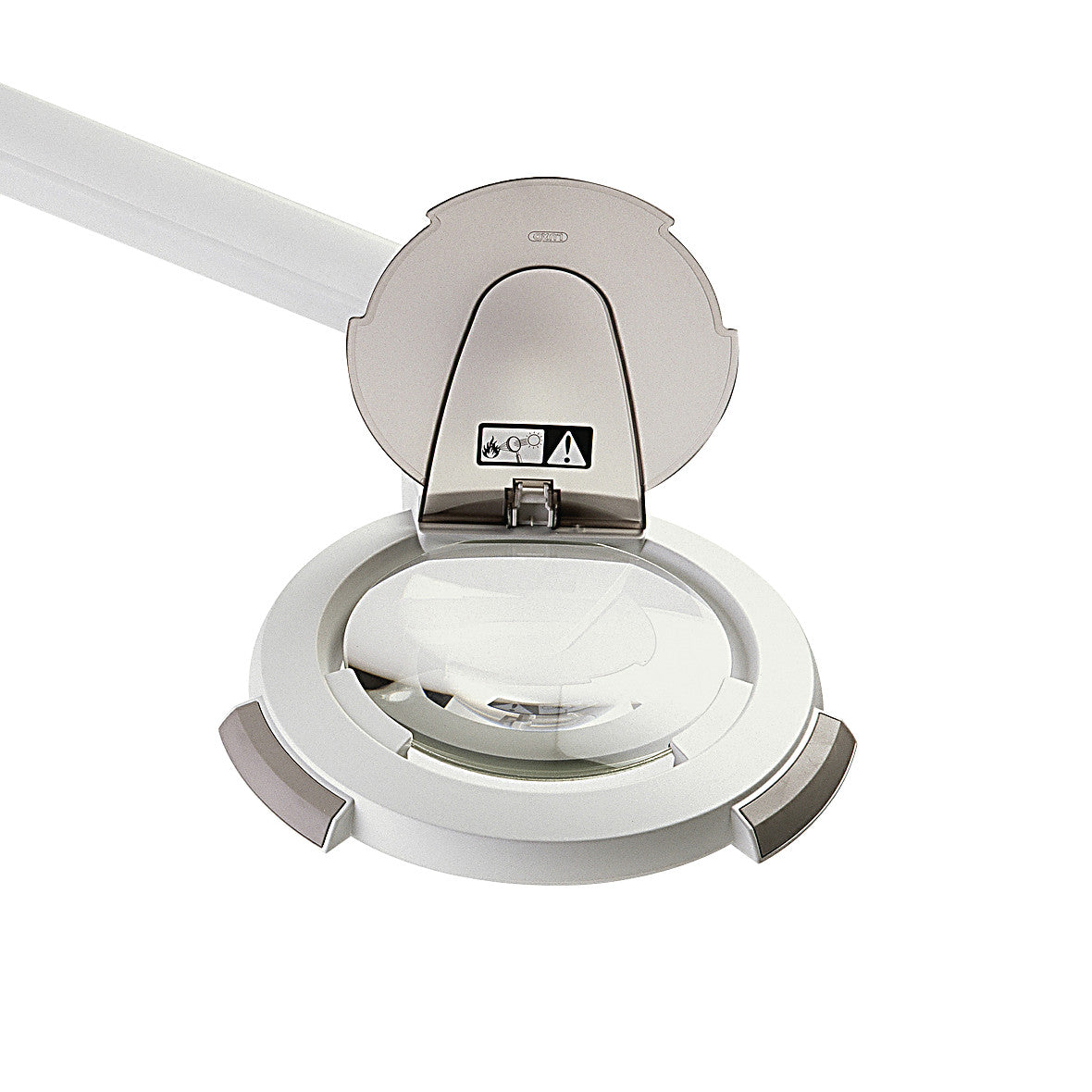 Burton EPIC LED Magnifier with a circular lens, adjustable arm, and open protective cover, featuring caution symbols.