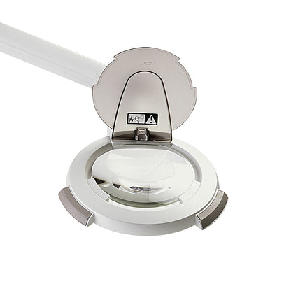 Burton EPIC LED Magnifier with a circular lens, adjustable arm, and open protective cover, featuring caution symbols.