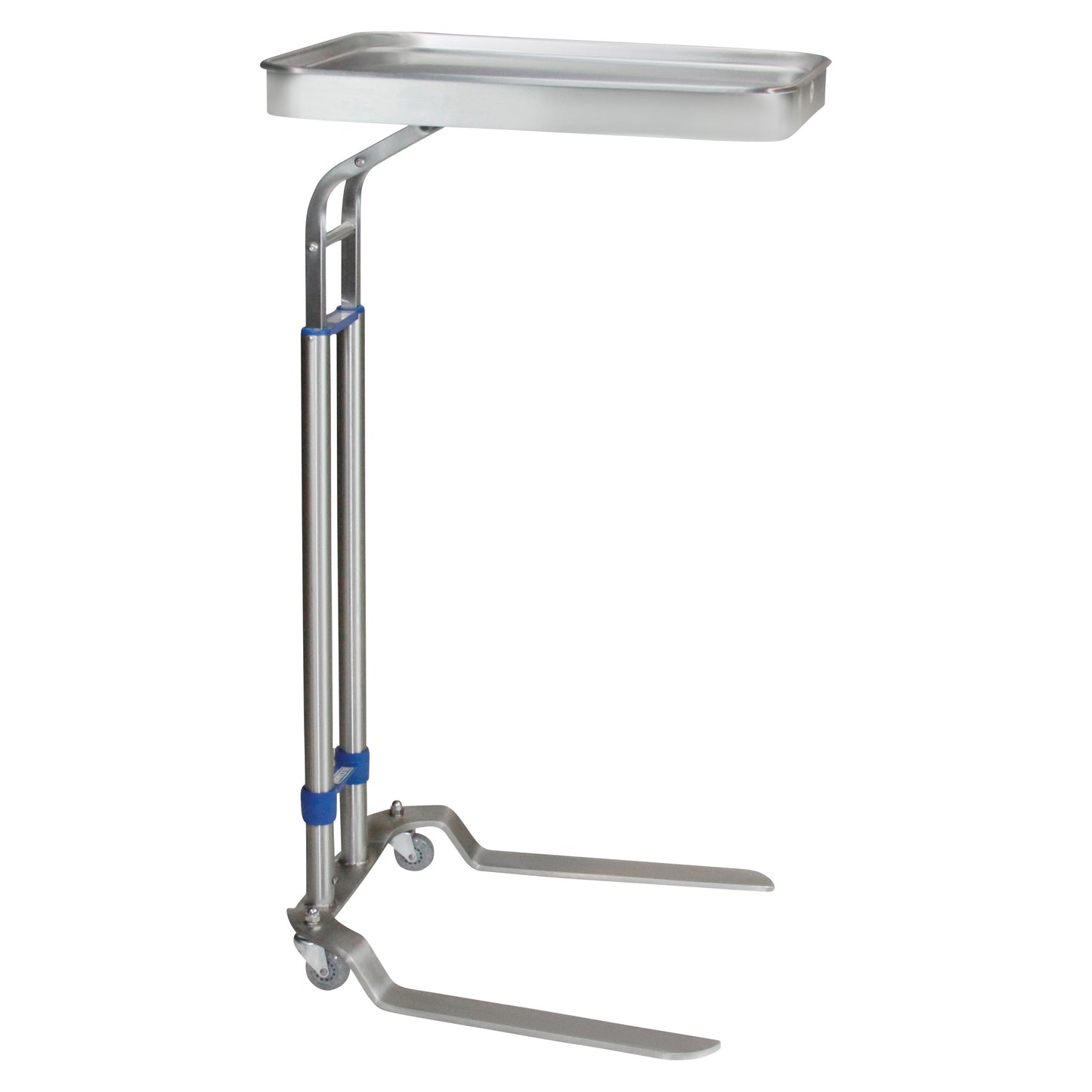 A Blickman Benjamin Mayo Stand with a stainless steel tray, adjustable height, and two small wheels for mobility.