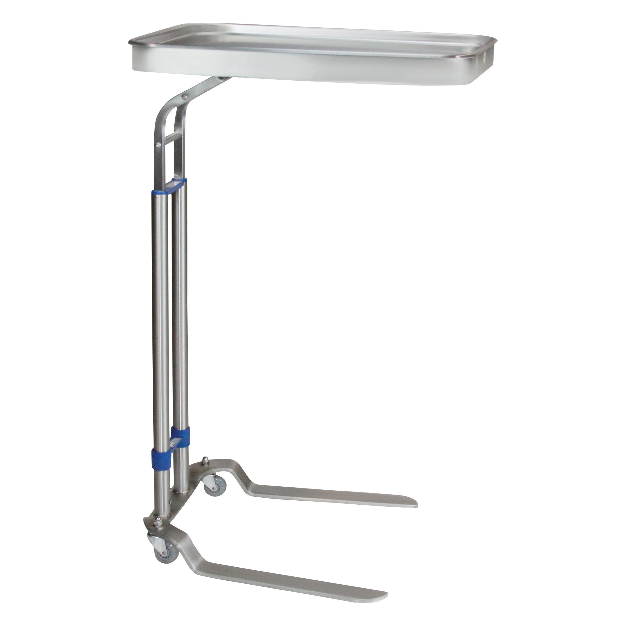 Blickman Benjamin Mayo Stand with a stainless steel tray, adjustable height, two legs on wheels, and a stabilizing blue clasp.