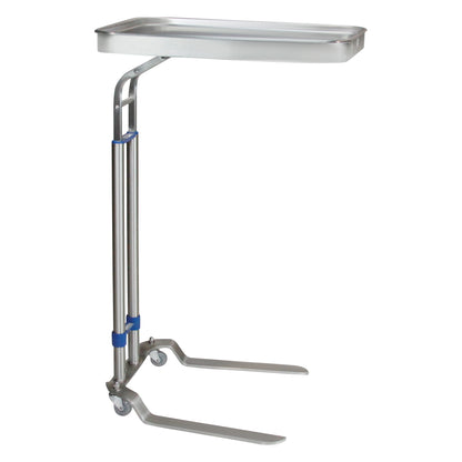 Blickman Benjamin Mayo Stand with a stainless steel tray, adjustable height, two legs on wheels, and a stabilizing blue clasp.