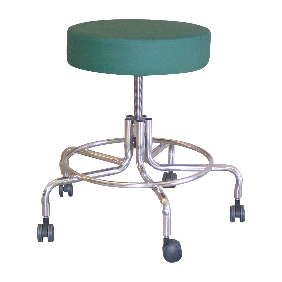 MRI Adjustable Stool with a green cushioned seat and a chrome base. It has five caster wheels for mobility and height adjustment.