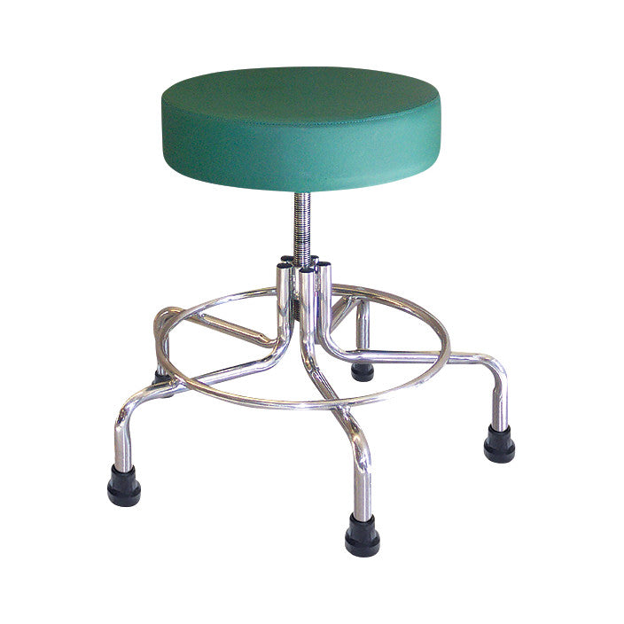 MRI Adjustable Stool with a green cushioned seat and chrome legs on rubber-tipped feet. It features a circular footrest.