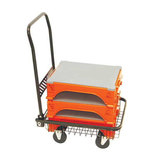 A black-wheeled cart holds two orange SANDEL Ergo-Step Stools. The cart has a handle for easy maneuvering.