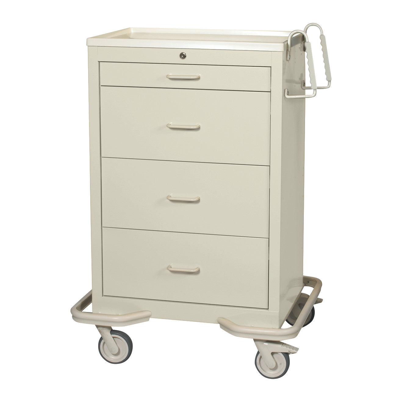 AliMed Standard Series 4-Drawer Isolation Cart with Key Lock features a beige finish, four drawers, swivel casters, and a side handle.