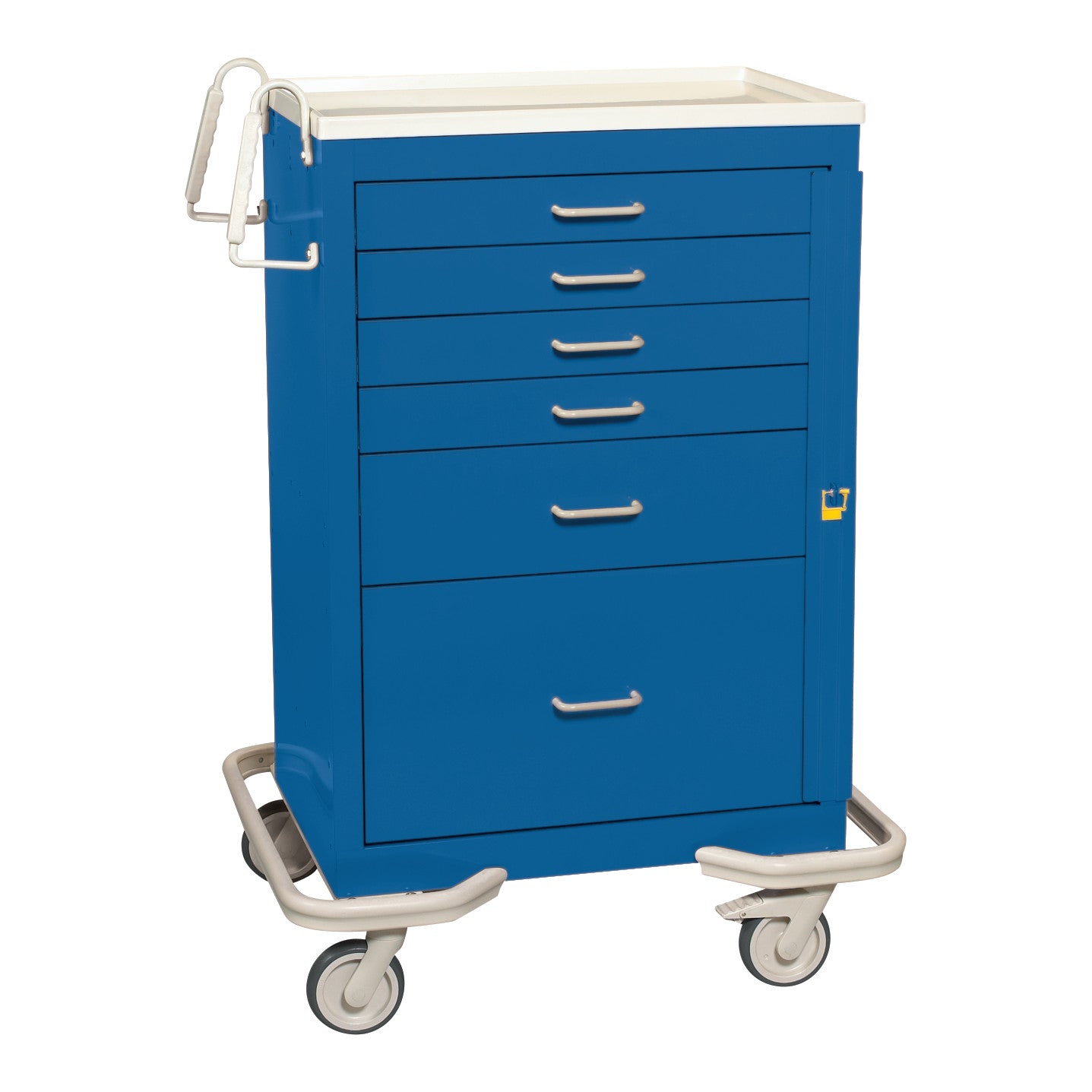A blue AliMed Standard Series 6-Drawer Emergency Cart with gray handles and wheels, featuring six drawers and a push handle.