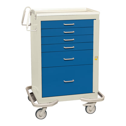 AliMed Standard Series 6-Drawer Emergency Cart with blue drawers, white frame, and four wheels, designed for medical use.