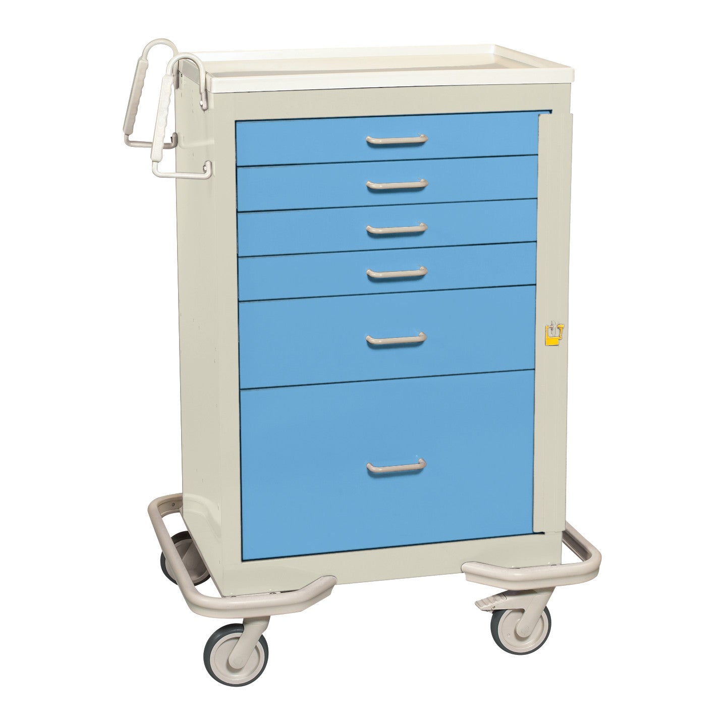 AliMed Standard Series 6-Drawer Emergency Cart with blue drawers, white frame, and four wheels for mobility.