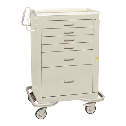 The AliMed Standard Series 6-Drawer Emergency Cart is beige, with six drawers, wheels, and a side handle for easy mobility.