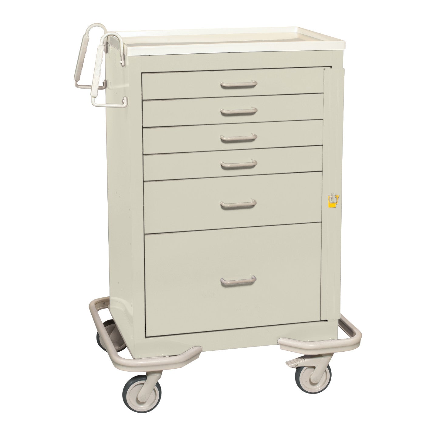 AliMed Standard Series 6-Drawer Emergency Cart, beige, with side handle and wheels for mobility in a medical setting.