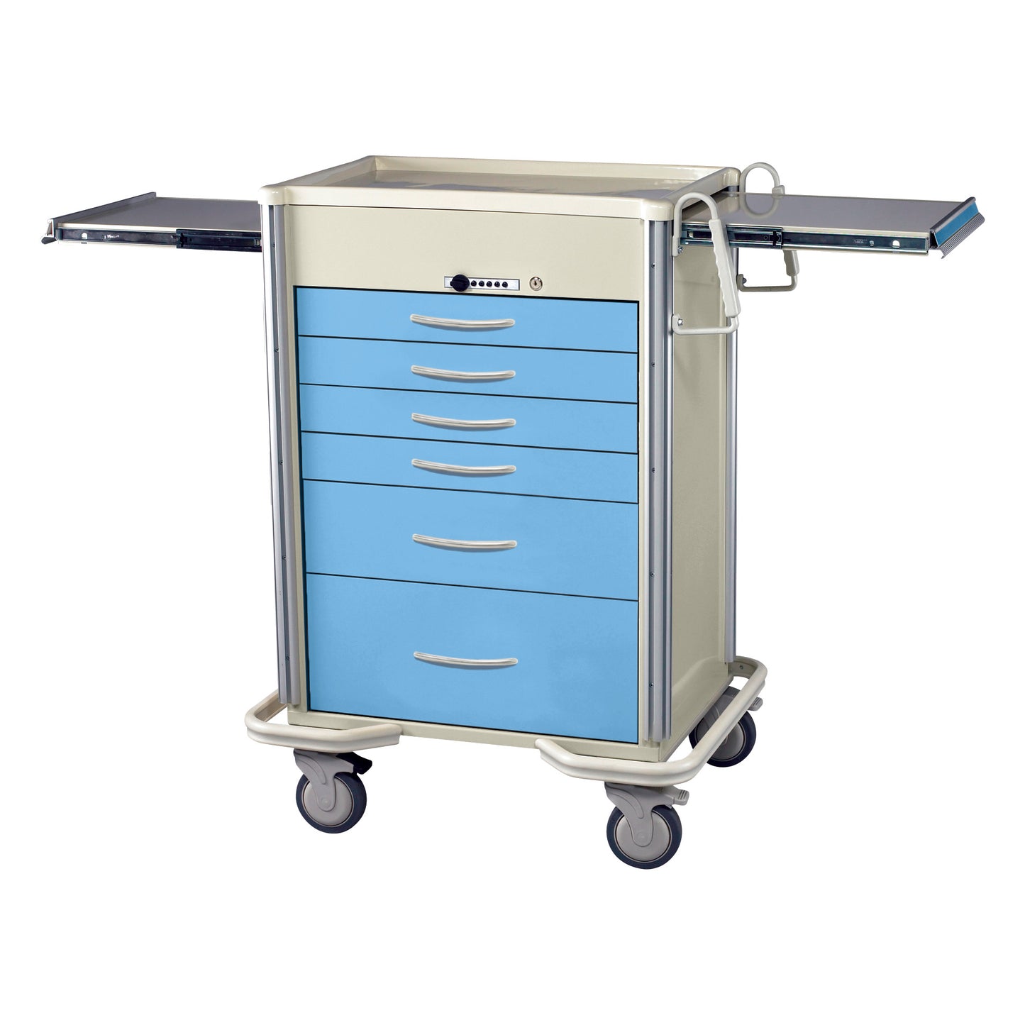 AliMed Select Series 6-Drawer Anesthesia/Procedure Cart with Push-Button Lock, 27" Drawer Space, featuring extendable side trays.