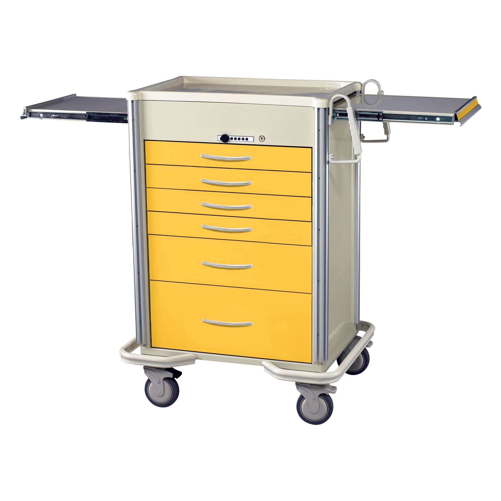 Yellow AliMed Select Series 6-Drawer Anesthesia/Procedure Cart with Push-Button Lock, 27" drawer space, and side pull-out trays.