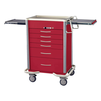 Red AliMed Select Series 6-Drawer Anesthesia/Procedure Cart with Push-Button Lock, featuring 27" drawer space and caster wheels.