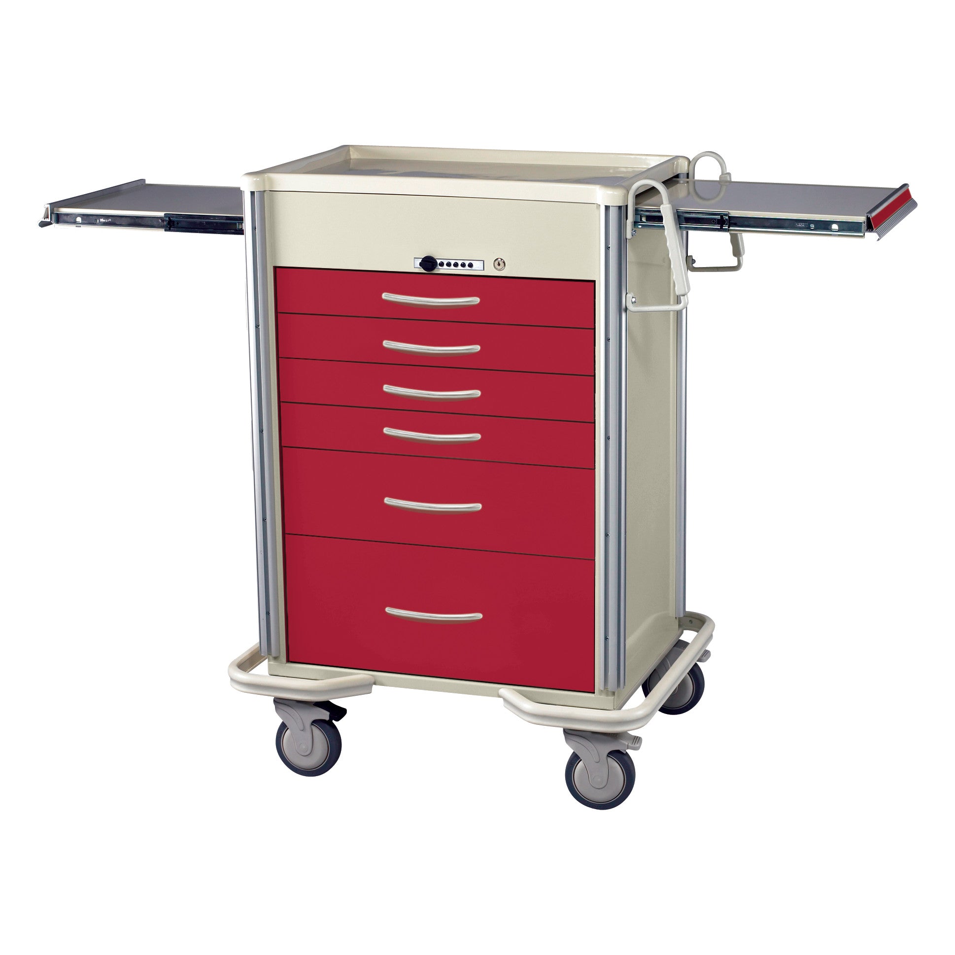 AliMed Select Series 6-Drawer Anesthesia/Procedure Cart with Push-Button Lock, 27" Drawer Space, red drawers, caster wheels, side trays extended.