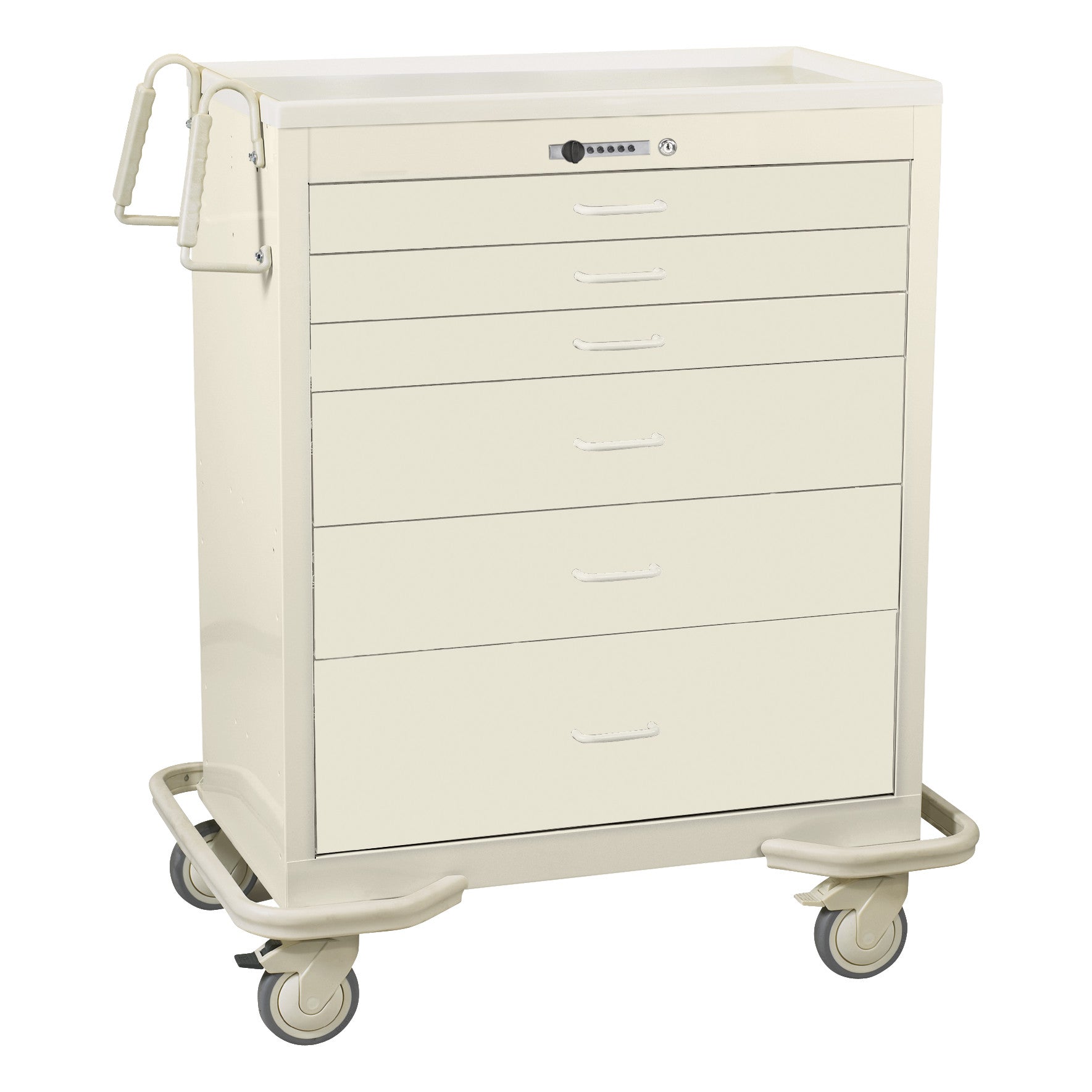 AliMed Wide Series 6-Drawer Anesthesia/Procedure Cart with Push-Button Lock features six drawers and wheels for mobility.
