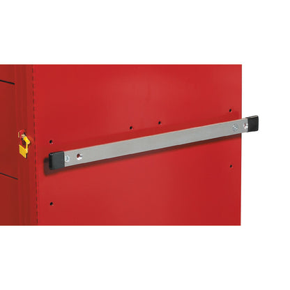 Red cart with an AliMed Cart Accessory: Accessory Bar Bracket, designed for Mini/Standard/Wide Series Medical Carts, attached.