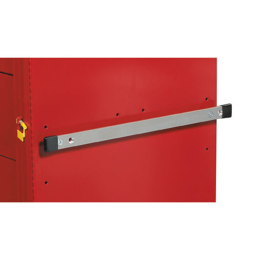 Red cart with an AliMed Cart Accessory: Accessory Bar Bracket, designed for Mini/Standard/Wide Series Medical Carts, attached.