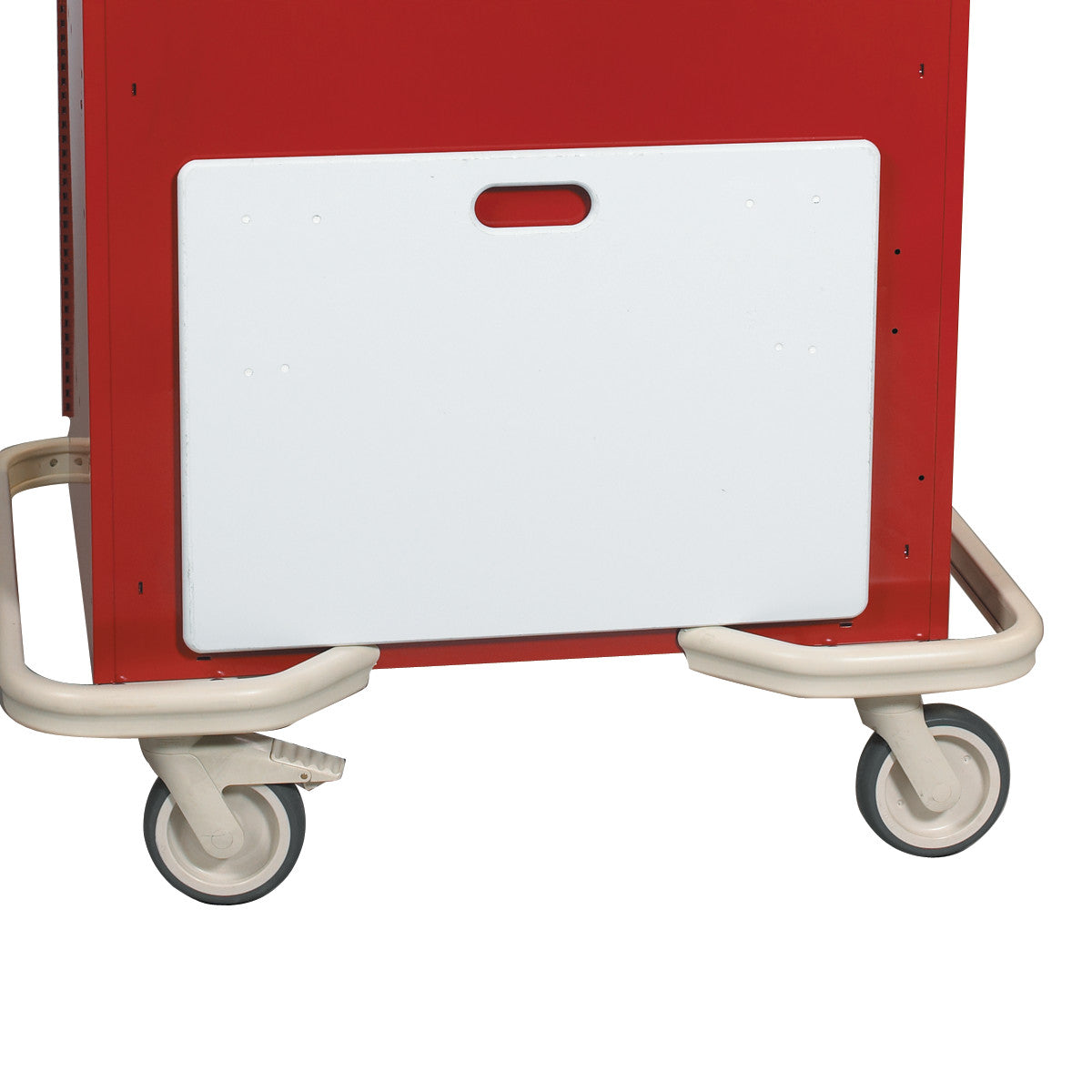 A red medical cart with two wheels and an AliMed Cart Accessory: Cardiac Board for Select/Standard/Wide Series Medical Carts attached.