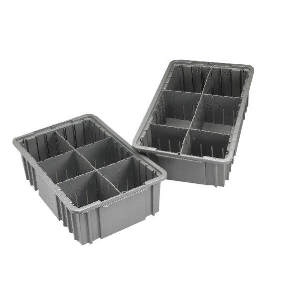 Two gray plastic drawer trays with compartments, part of the AliMed Cart Accessory: Drawer Tray Kit for Select/Standard/Wide Series Medical Carts.