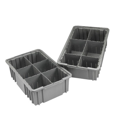 Two gray plastic drawer trays with compartments, part of the AliMed Cart Accessory: Drawer Tray Kit for Select/Standard/Wide Series Medical Carts.