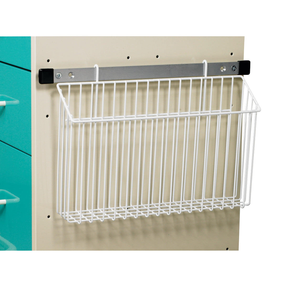 Wire basket chart holder mounted on a cart. It is the AliMed Cart Accessory for Mini/Select/Standard/Wide Series carts.